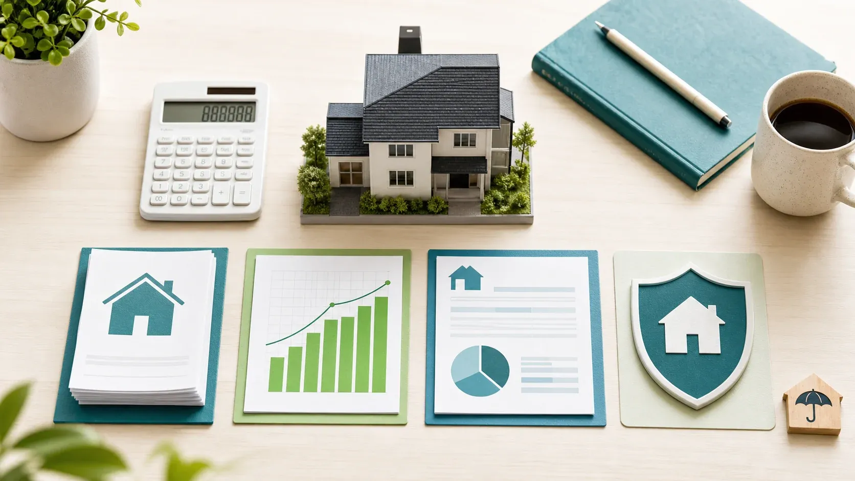 Mortgage payment planning with a house model, calculator, charts, and insurance symbols